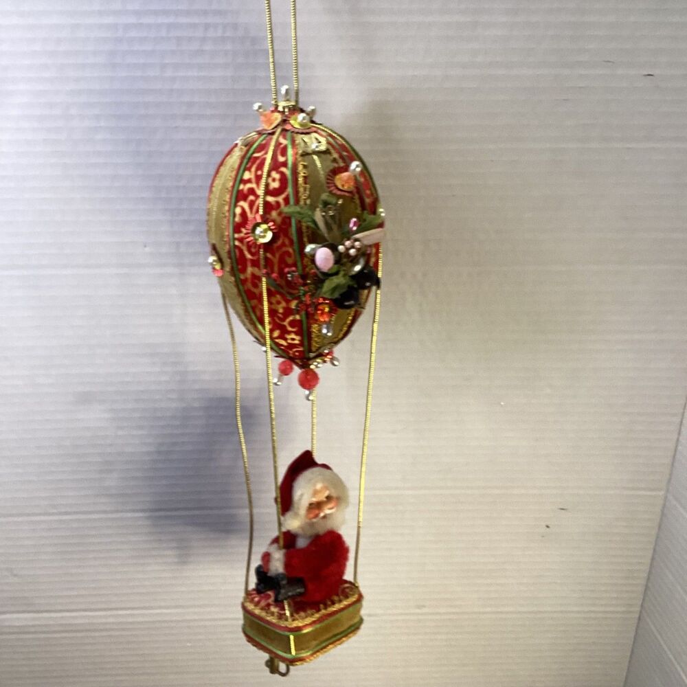 Vintage Hot Air Balloon with Music Box Jingle Bells Santa Push Pin Jewels